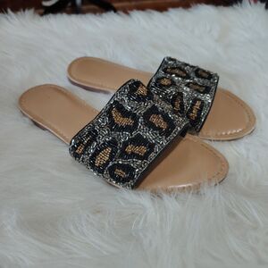 Leopard Print Beaded Wmns Sandal Slides Size 9